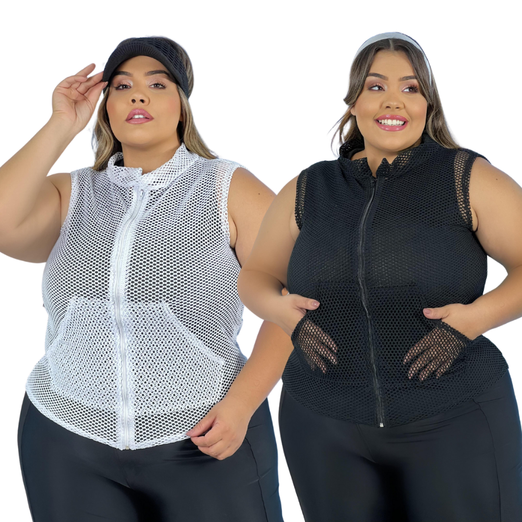 jaqueta Colete Academia Fitness Plus Size Tela Arrastão com Bolso Fechamento Ziper
