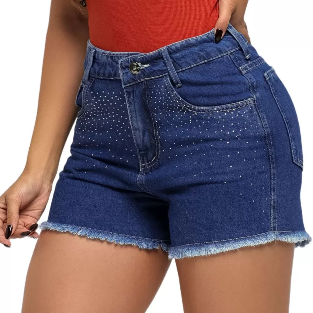 Short Jeans Feminino Bordado Brilho Strass Prata Cintura Cós Alto Moda Country