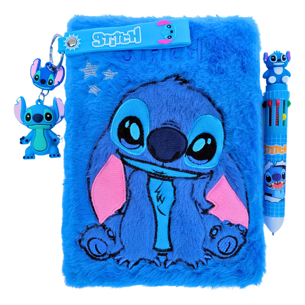 Kit Caderno Pelúcia Stitch Caneta 10 Cores E Chaveiro Promo