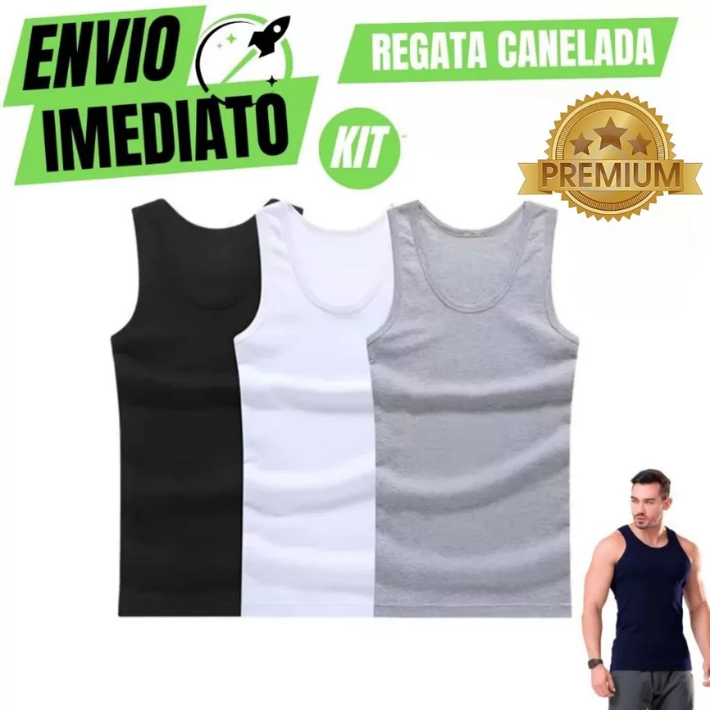 Kit De 3 Regata Premium Masculina Modelo Americano Canelada Algodão e Elastano Malha Encorpada Ultra