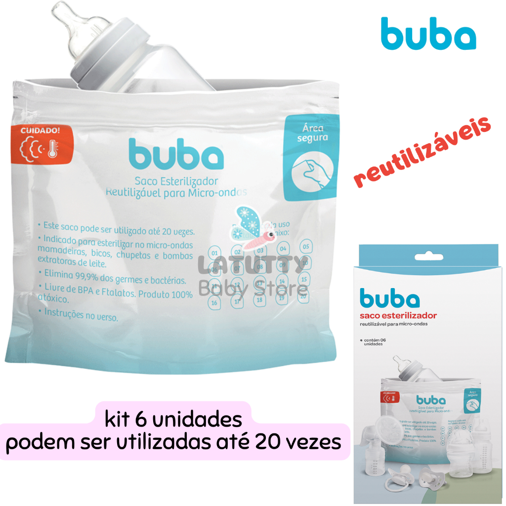 Saco Esterilizador Reutilizável para Micro-ondas Buba Kit 6 Sacos para Esterilizar Mamadeira Chupeta