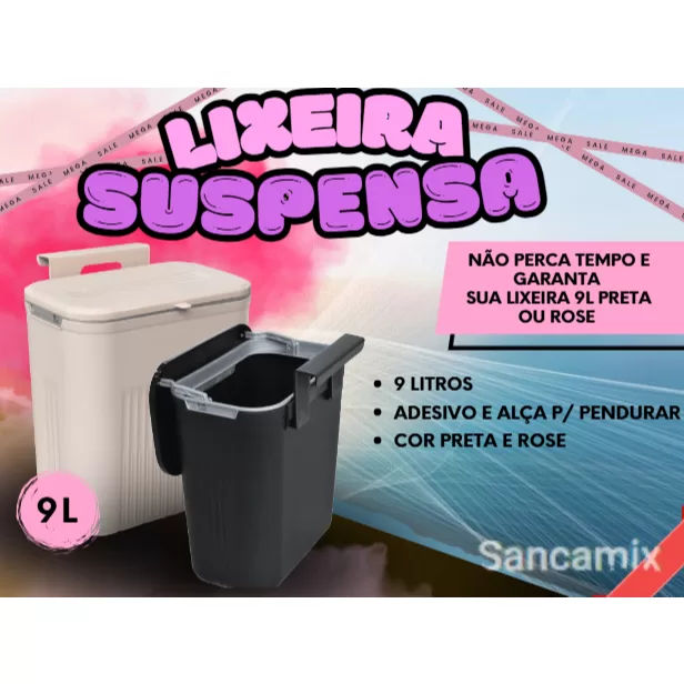 Lixeira Suspensa Balde de Lixo 9 Litros com Adesiv