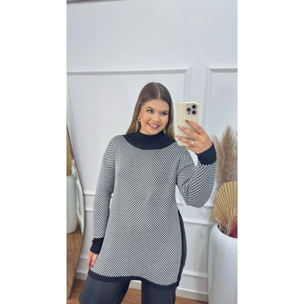 Poncho Feminino de Tricot  Xadrez Gola Alta Manga Longa Fenda Lateral Elegante Moda Inverno