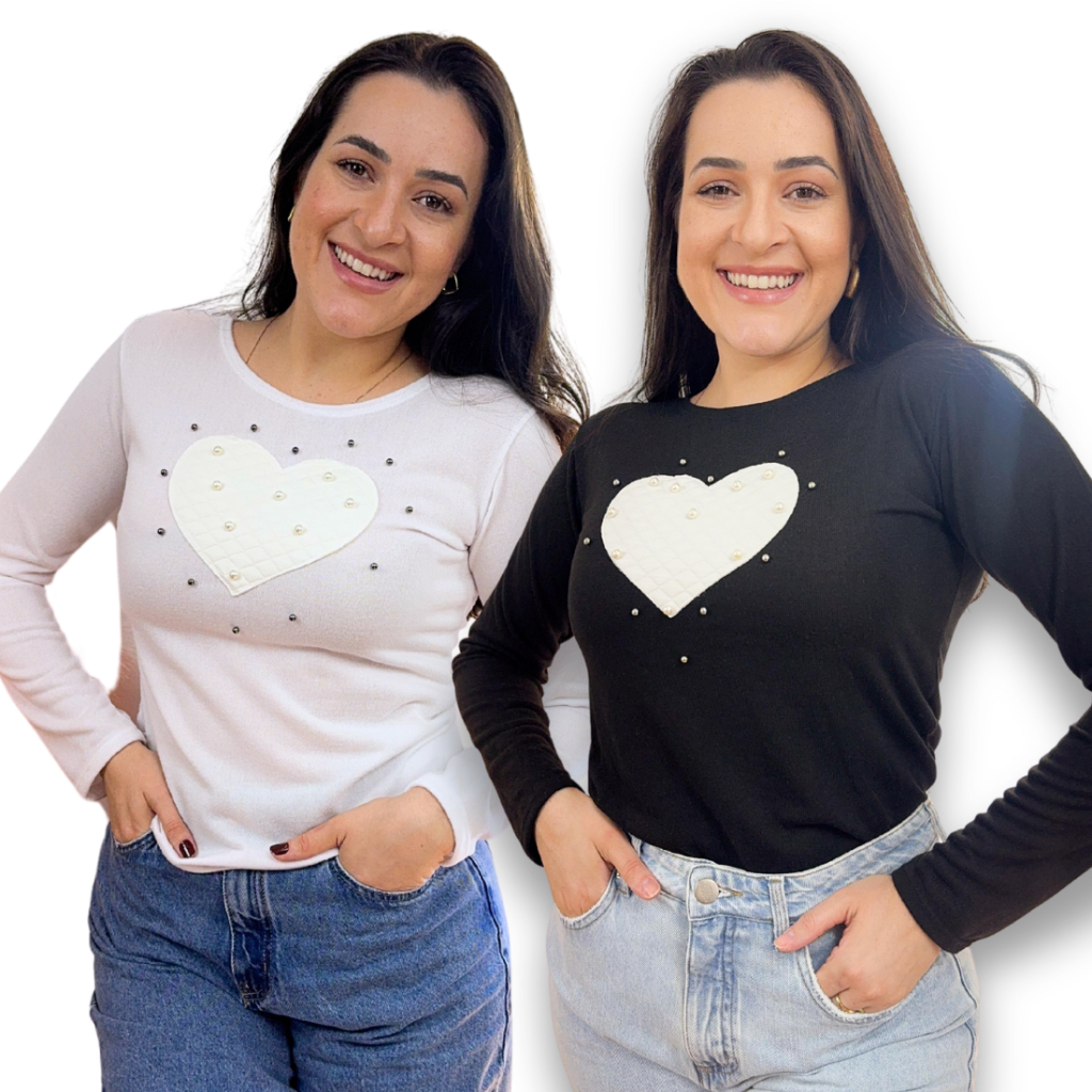 Kit 2 Blusa Feminina de Lanzinha com Manga Longa Sueter Coração Bordado com Pérolas Tecido Macio