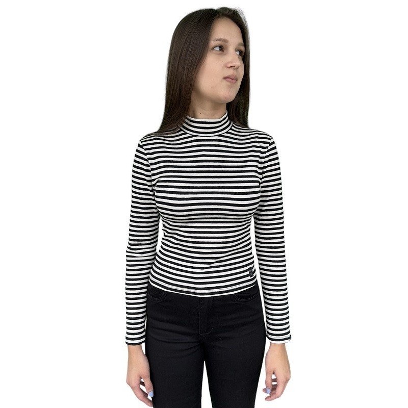 Blusa Manga Longa Gola Alta Listrada Riu Kiu Preto e Branco