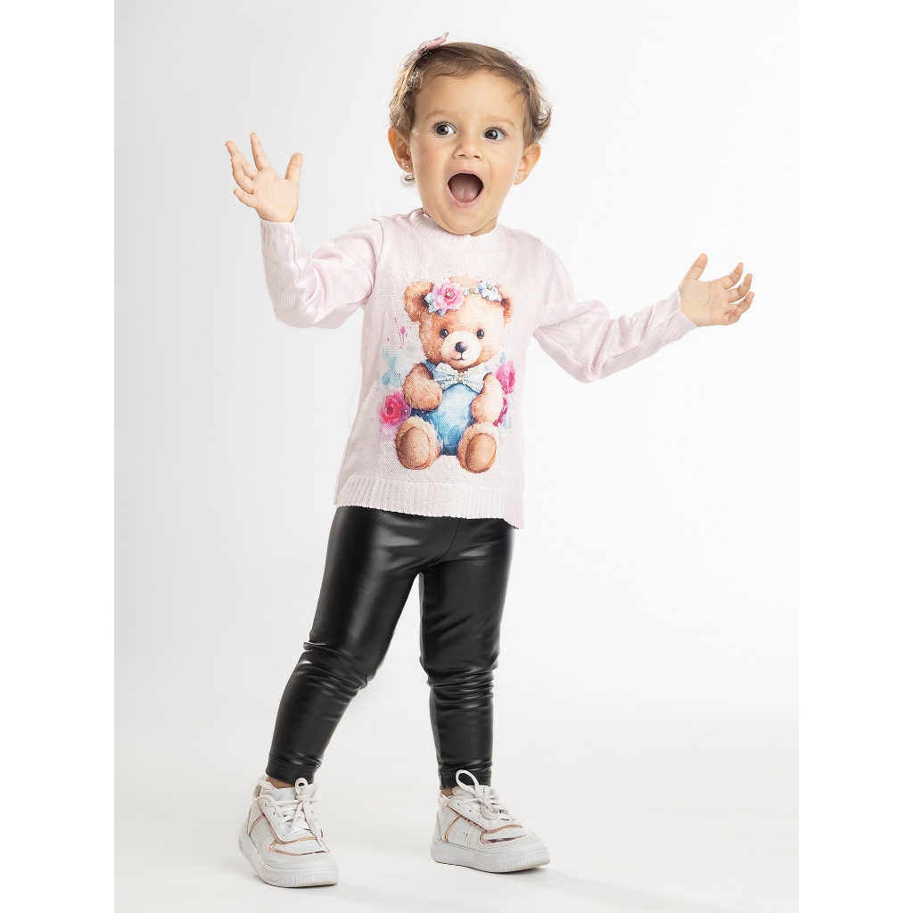 Suéter Blusa Tricô Infantil Menina Rosa com Urso Bordado e Strass  Sublimada | Inverno