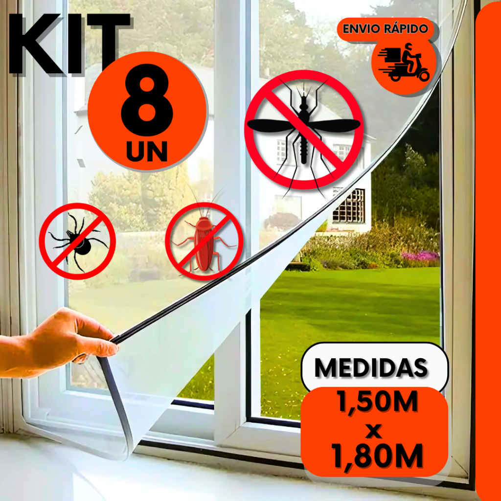 Kit 8 Tela Mosquiteira P/ Janela Proteção Anti-inseto Mosquito Mosca Insetos C/ Velcro Removível