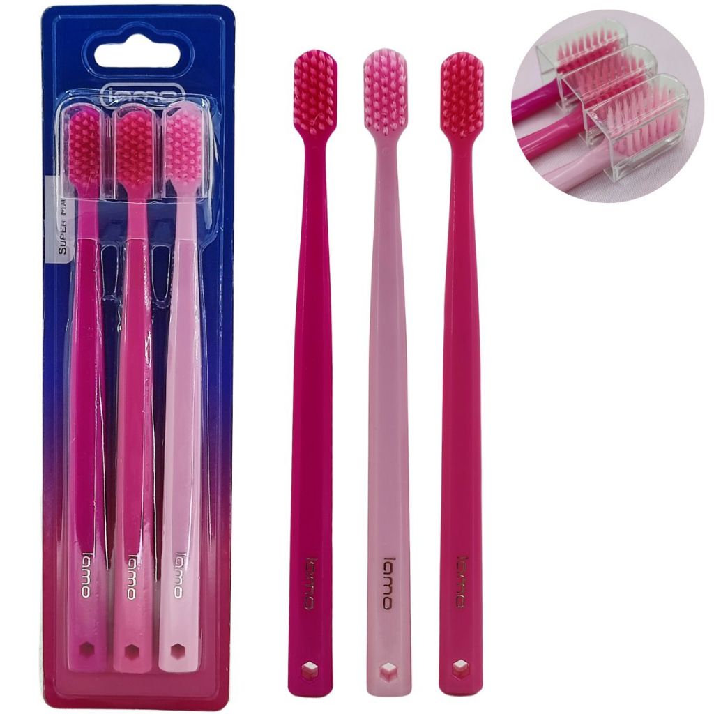 Kit Escova de Dente Adulto Lilas Azul Cerdas Macias com Capa Protetora Rosa 18cm Ideal para Viagem