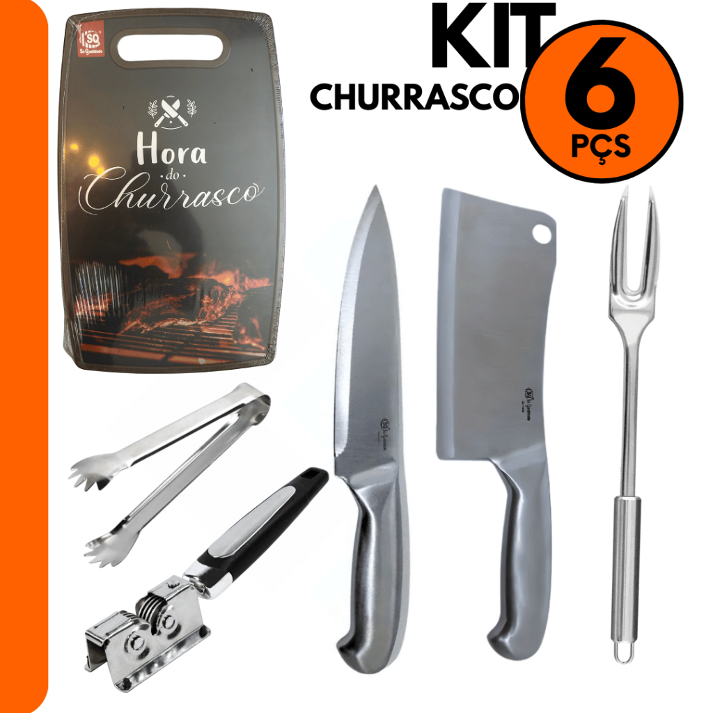 Kit Churrasco 06 Itens INOX ; Garfo Trinchante, Tábua Corte em PVC, Faca , Cutelo, Afiador, Pegador