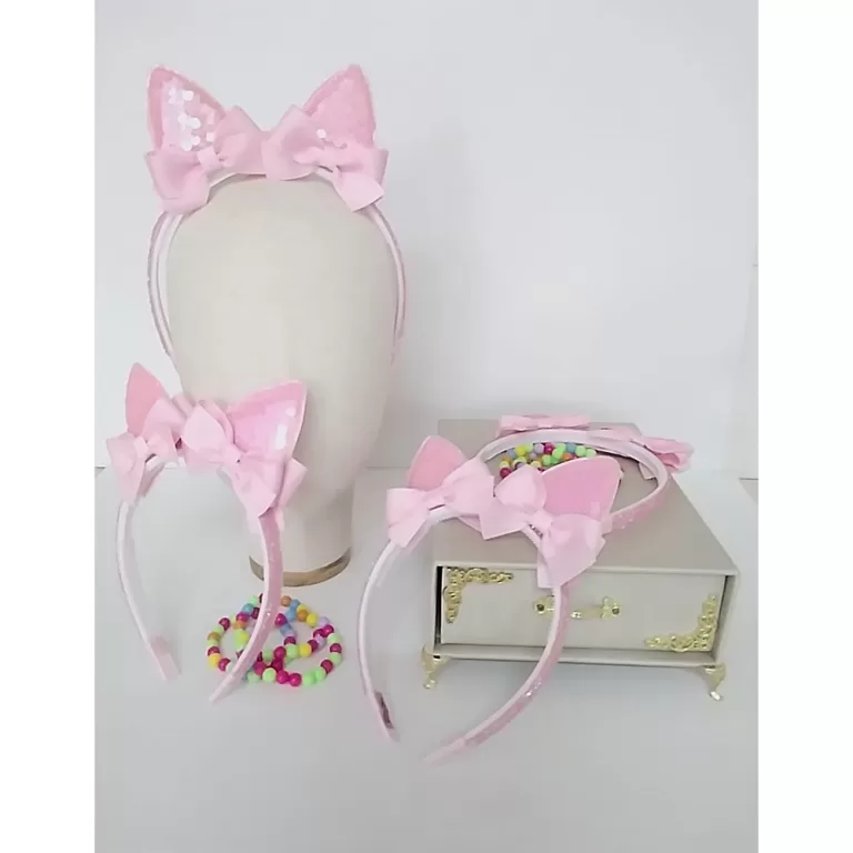 Tiara Gatinha Paetê Rosa e Pulseiras  900/0126A