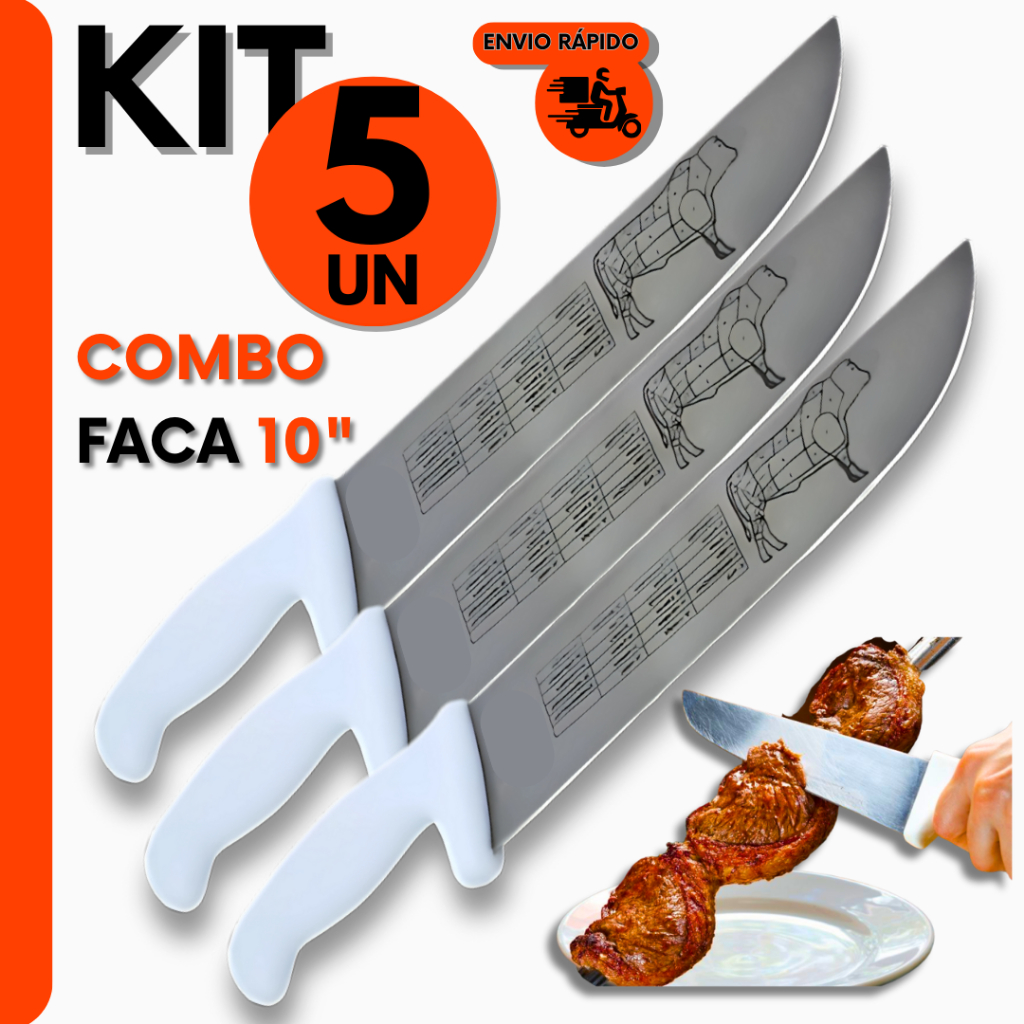 Combo 5 Facas Cabo Branco 10 Em Aço Inox Profissional Do Açougueiro e Churrasqueiro Para Açougue e C