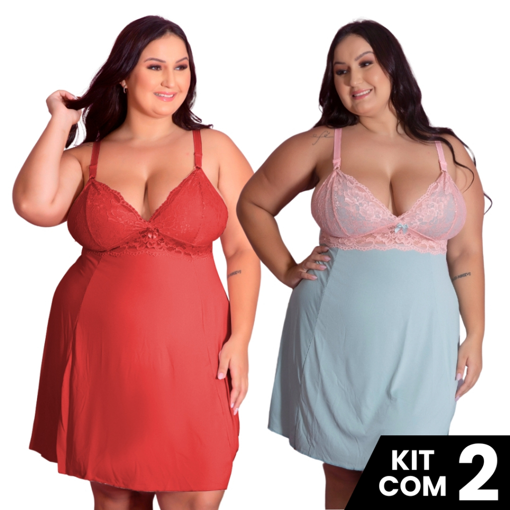 Kit 2 Camisolas Tamanho Grande Plus Size Romantic Sexy Confortável Charmosa Roupa de Dormir