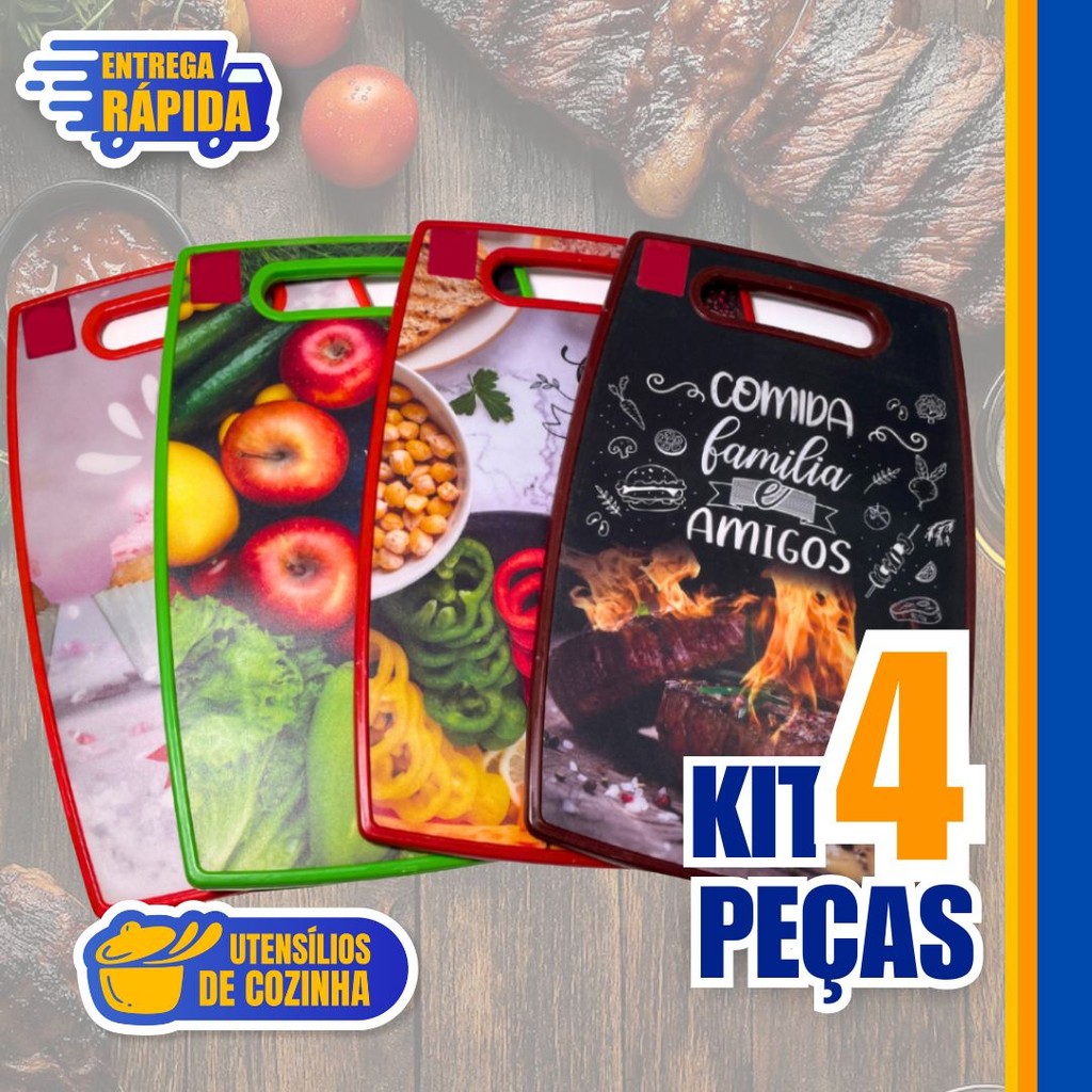 4 Tabuas de Corte Resistente Para Carne Legumes Frutas Plástico Estampada Modelos Variádos