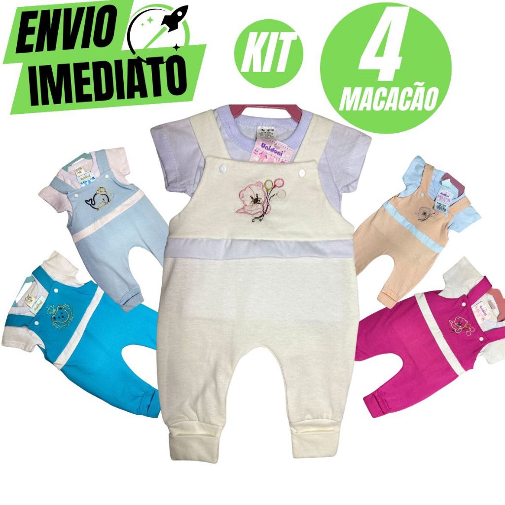 Kit 4 Macacão Jardineira + Camiseta Infantil Bebe Infantil Premium GR170