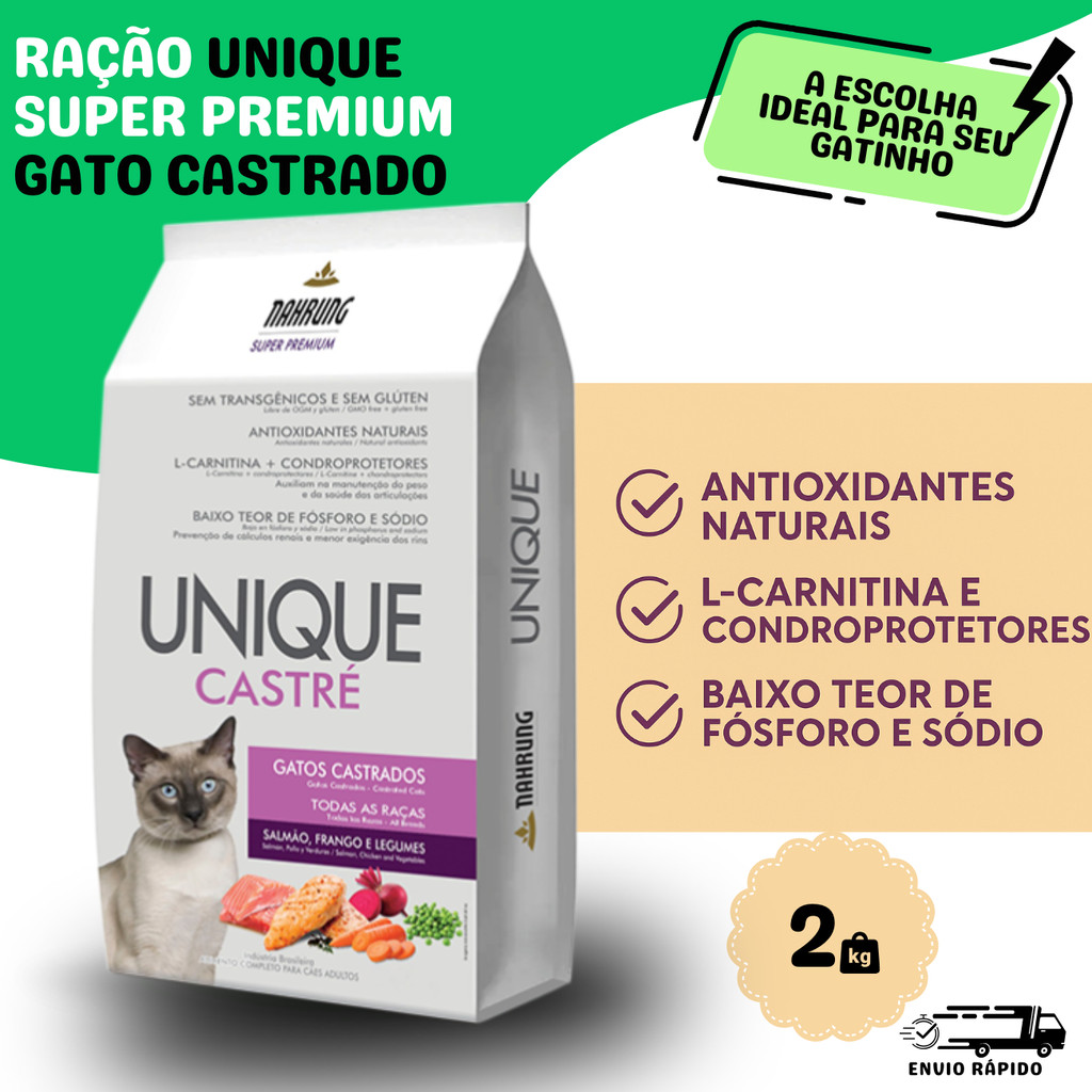 Ração Unique Castré Gato Castrados Sem Transgênicos e Sem Glúten Sabor Salmão Frango e Legumes 2kg