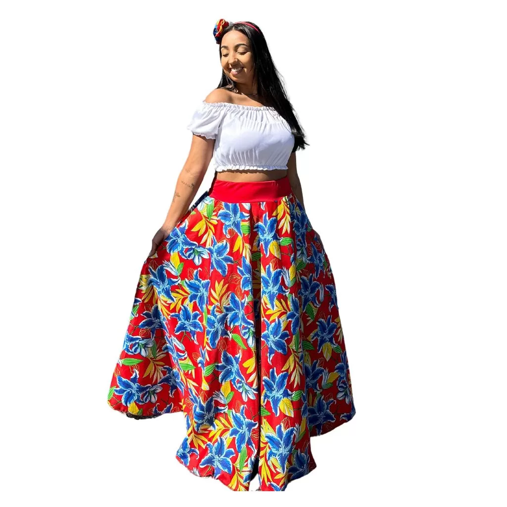 Conjunto Saia Longa Carimbó Feminino Adulto com Blusa Primavera