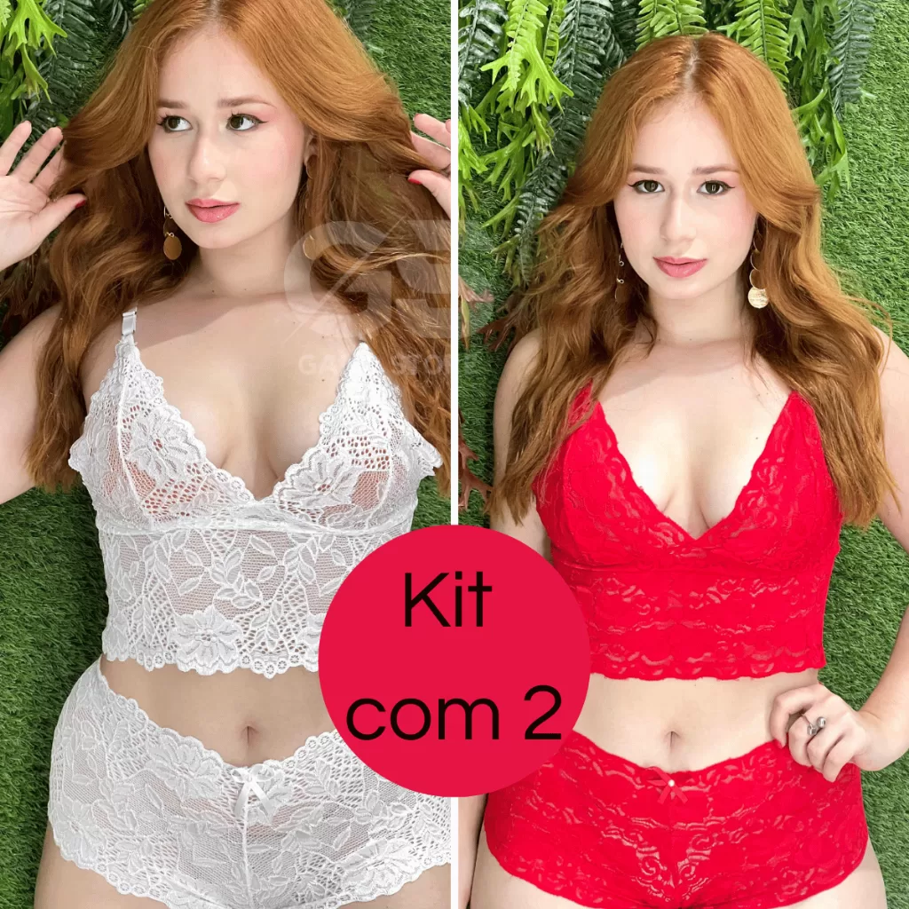 Kit 2 Lingerie de Renda Espera Marido Conjunto Com Sutiã Sem Bojo Lingerie Feminina