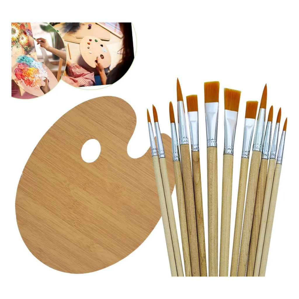 Kit 12 Pincéis Artesanato Pintura Ponta Fina Chata + Paleta de Madeira Yins Paper