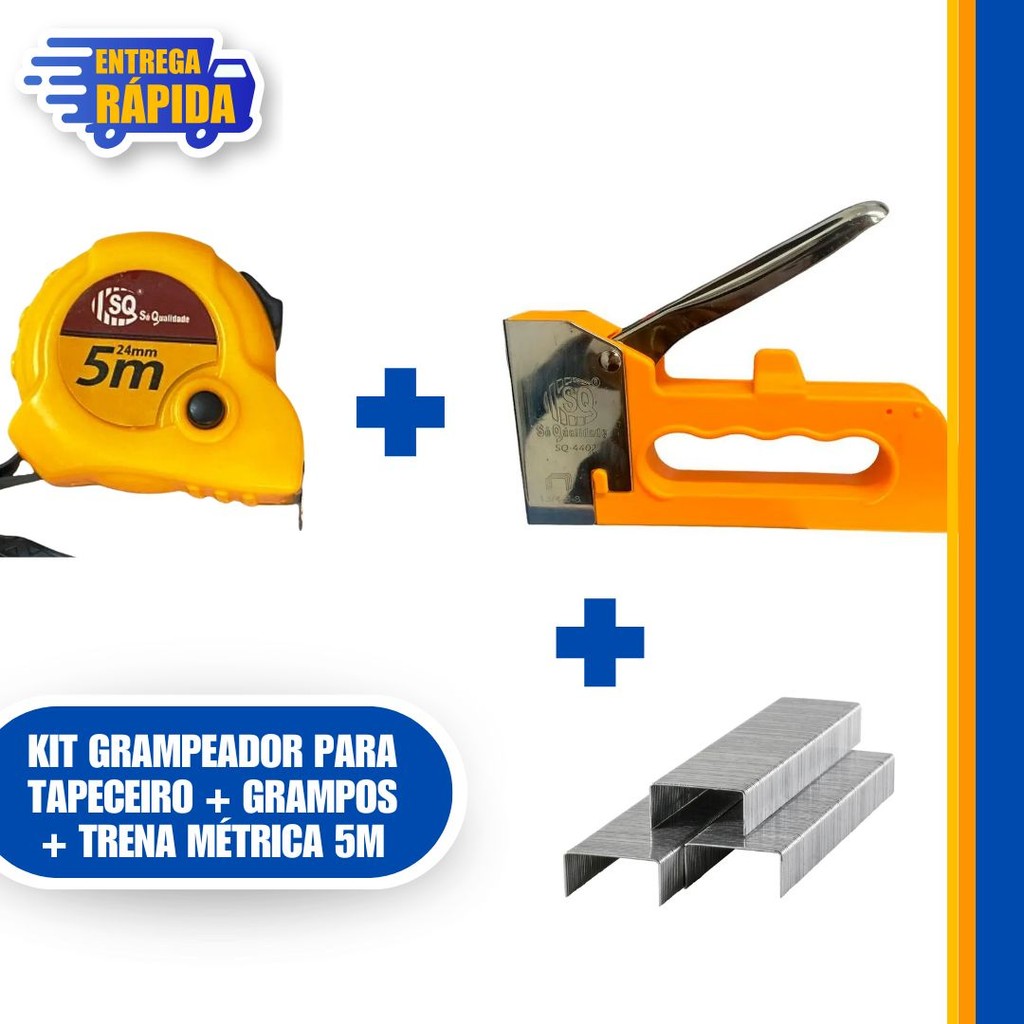 1 Trena 5mts + 1 Grampeador Tapeceiro Profissional 4–8mm Alta Pressão Profis. Manual + 600 grampo