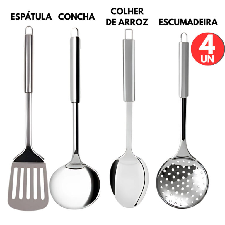 Kit 4 Pçs Utensilios de Cozinha Inox , Escumadeir