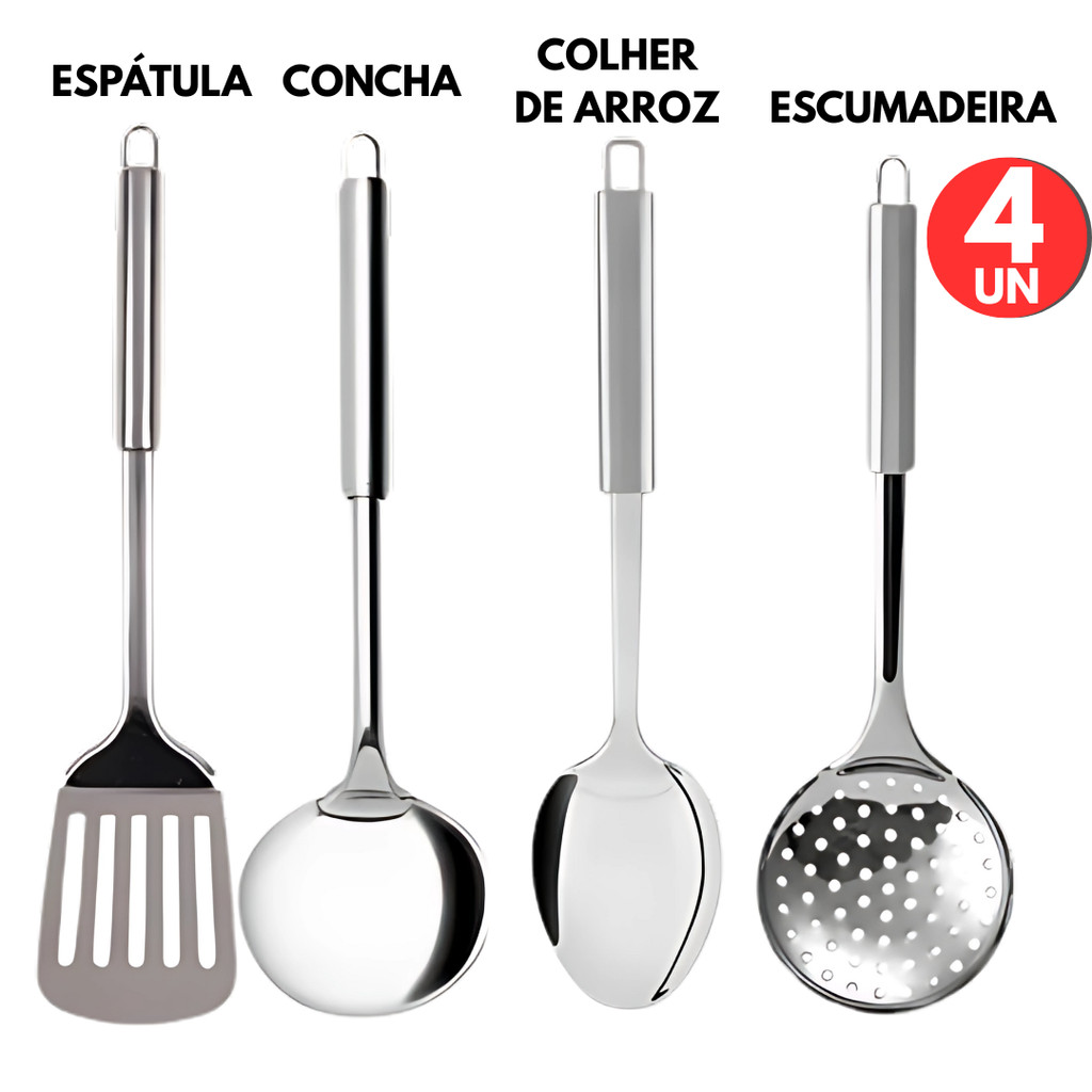 Kit 4 Pçs Utensilios de Cozinha Inox , Escumadeira, Concha, Espátula Vazada, Colher Arroz