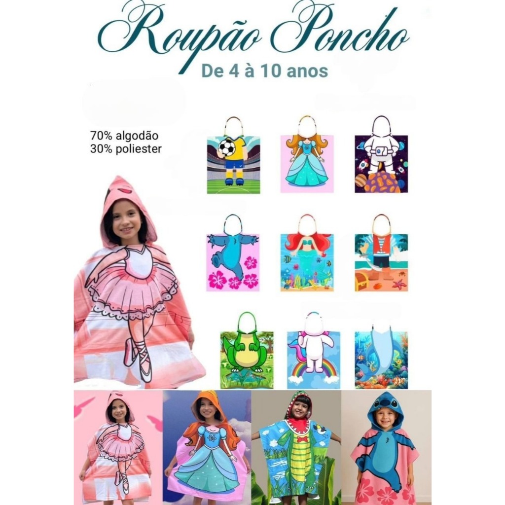 Roupão Toalha Infantil Menina Menino Poncho Saída de Banho Toalha para Criança Personagens Animado