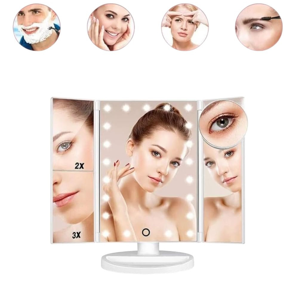 Espelho de Maquiagem LED portátil USB Dobrável com iluminação tripla Ajustável Depilação
