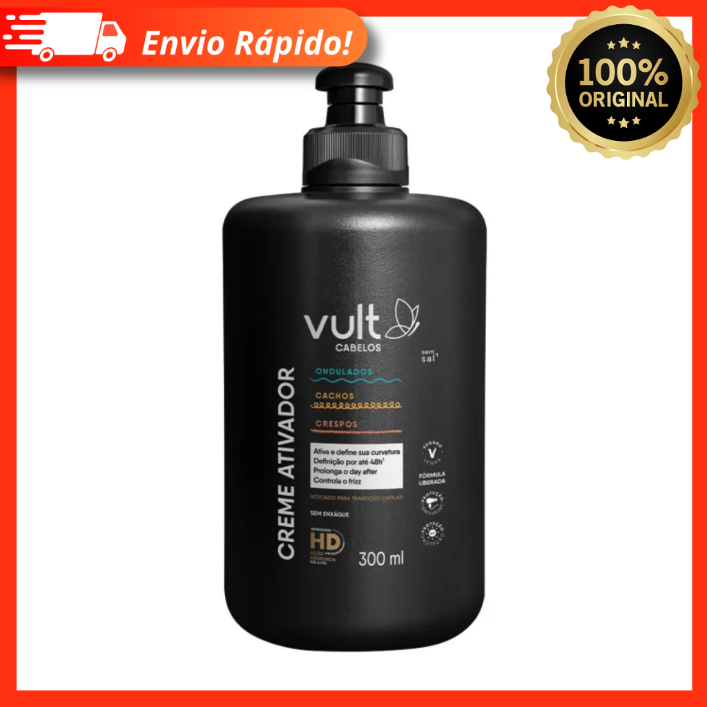 Creme Ativador Vult Cabelos Ondulados, Cacheados e Crespos 300ml – Ativa, Define e Controla o Frizz