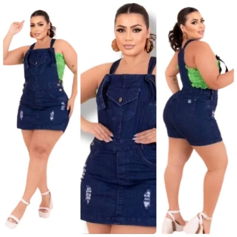 Macacão Jardinheira Short Saia Destroide Jeans Feminino Plus Size