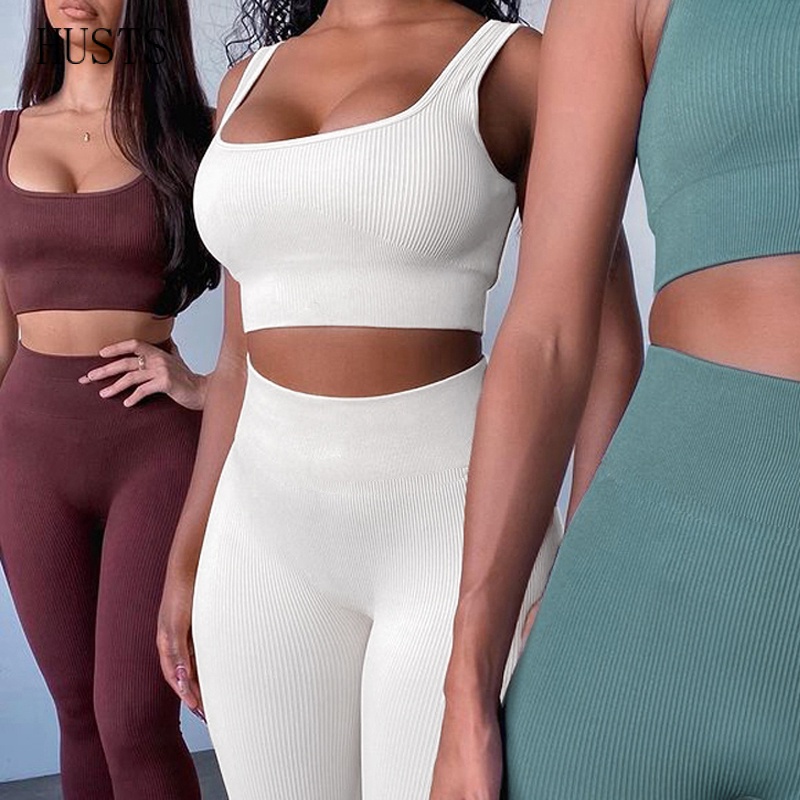 Conjunto de 2 peças de sutiã feminino para ioga leggings sem costura para mulheres de cintura alta a