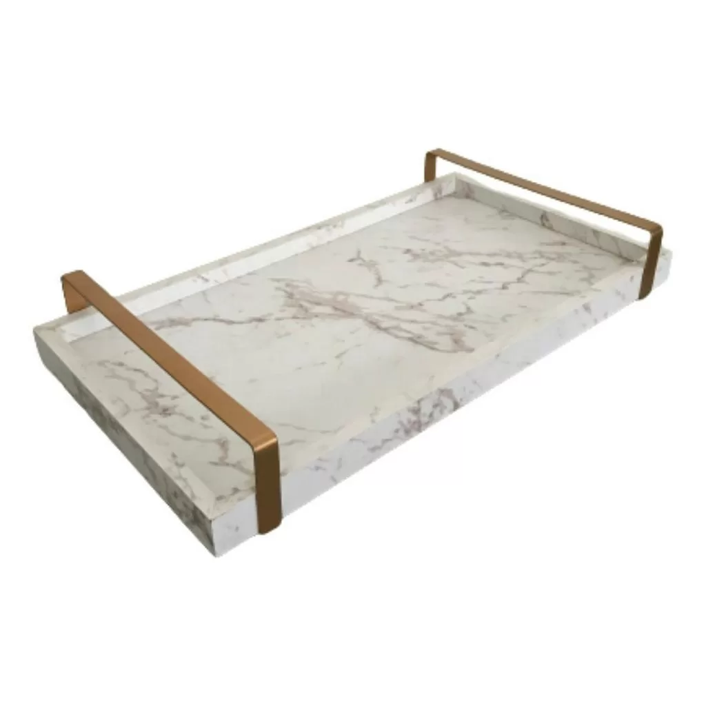 Bandeja Decorativa Marmorizada Granito Quatzo Com Alças Metal Dourada Chá Café Xícaras