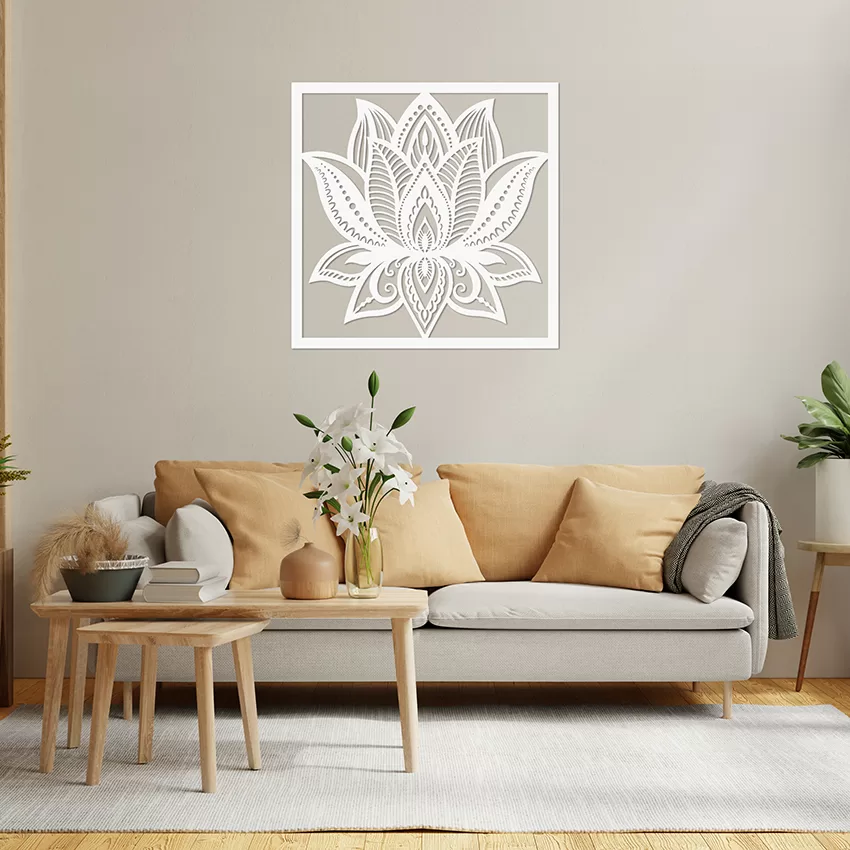 Quadro Flor de Lótus Decoração em Mdf Mandala Parede Branco