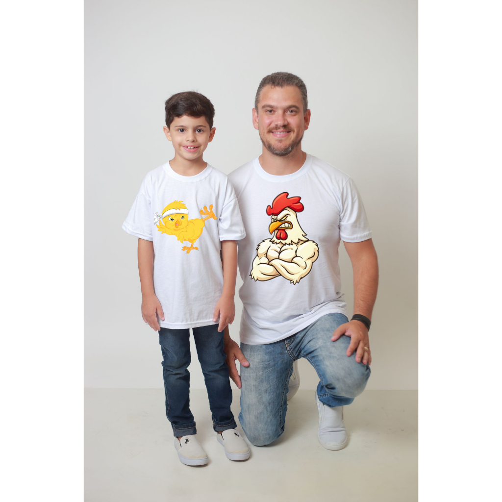 Kit camisetas brancas tal pai tal pai tal filho Galo e pintinho