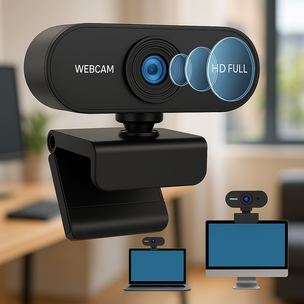 Webcam Preta Full HD 1080p USB Gira 360. Com Microfone Top Visão Integrado PC Note