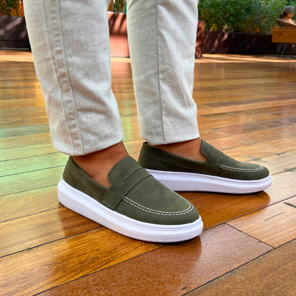 Sapato Masculino Mocassim Loafer Camurça Luxo Preto Sola Alta