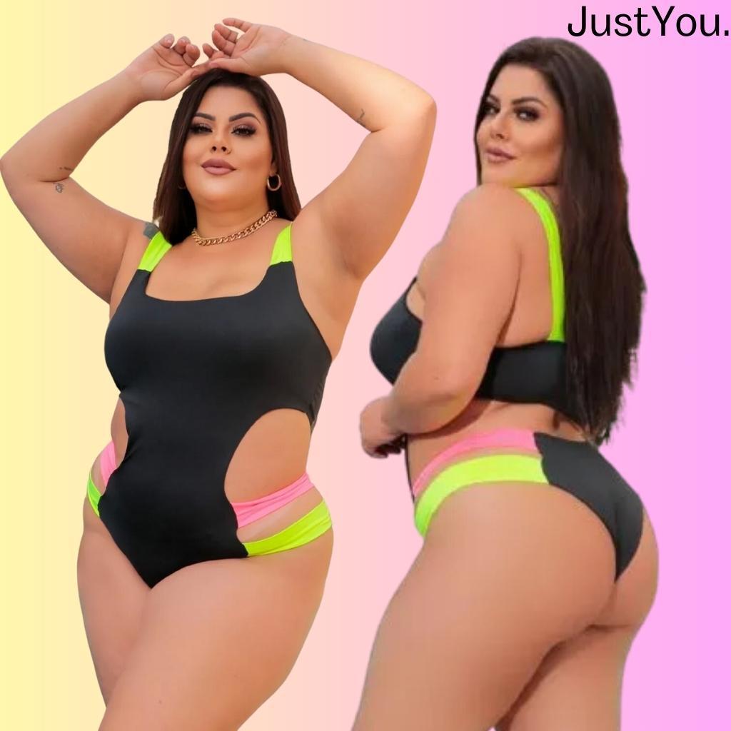Maiô Plus Size Neon Body Boddy Feminino com Bojo Moda Blogueira