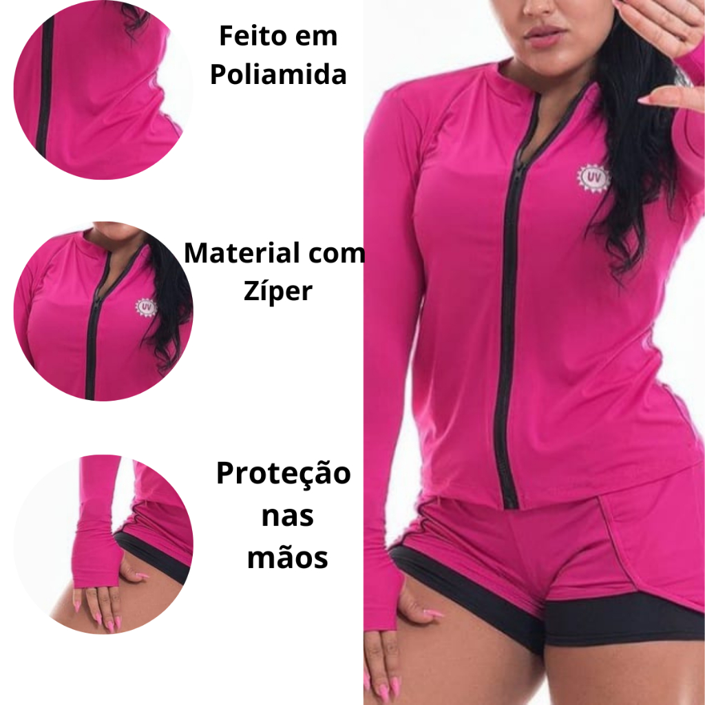 Camisa Feminina Proteção UV C/ Zíper para Academia, Praia, Frio, Ciclismo e Crossfit FPS50+