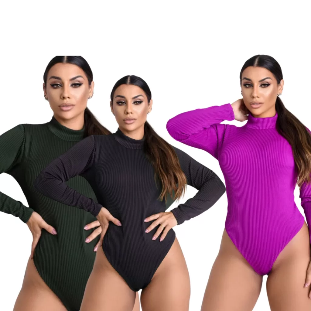 Body Feminino Manga Longa Tecido Canelado Kit 3 Unidades Diversas Estações