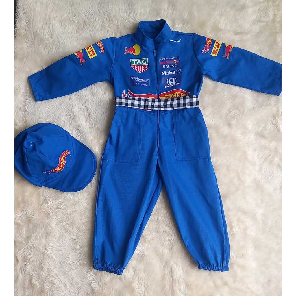 macacão piloto corrida azul e vermelho