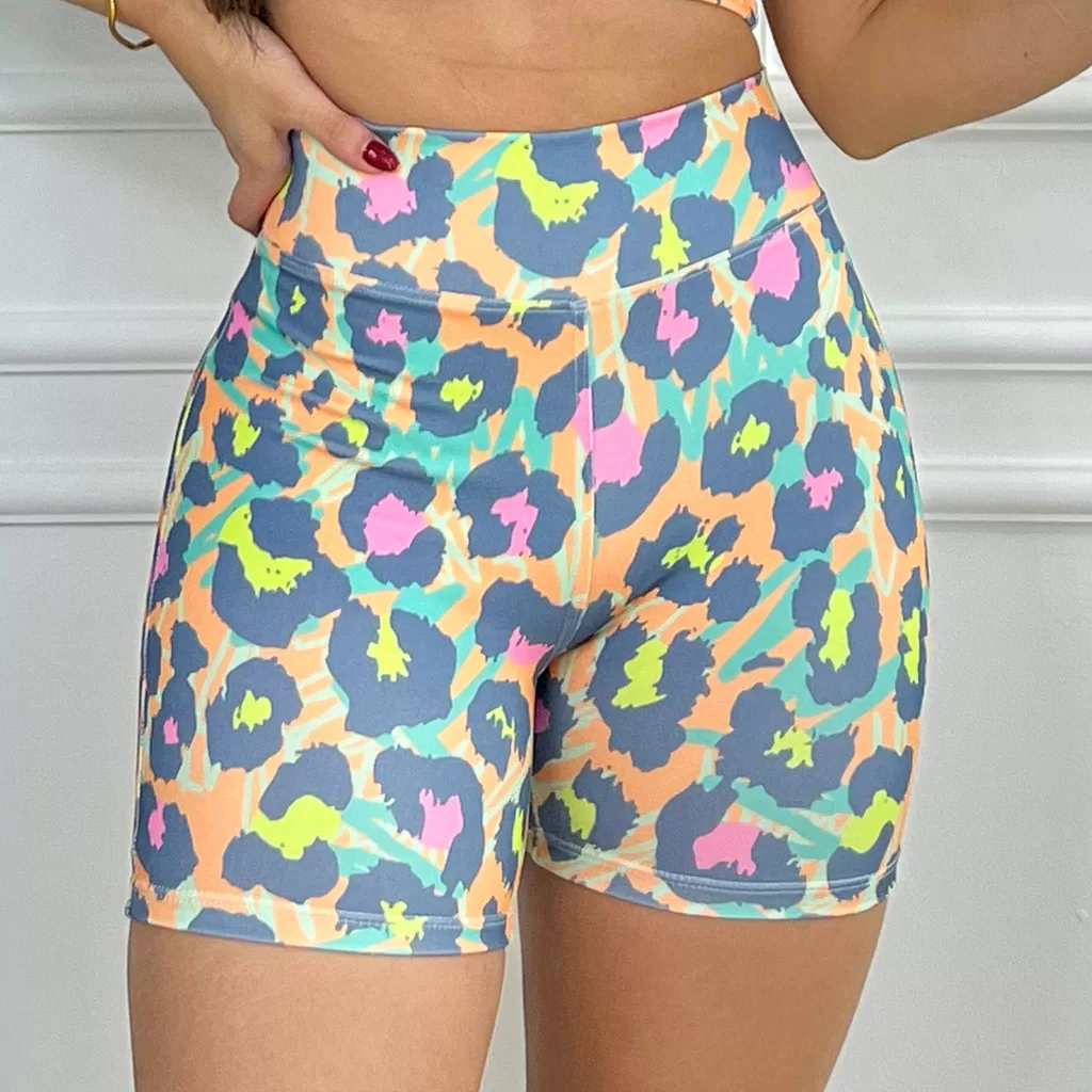 Short Feminino Meia Coxa Cintura Alta Suplex Esportivo Academia Fitness Estampada Animal Print