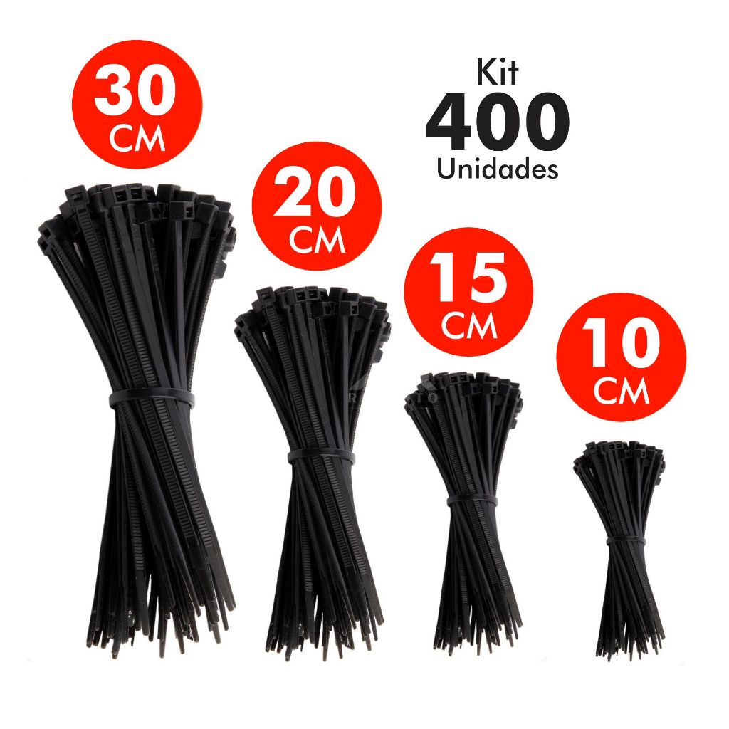 Kit 400 Abraçadeira de Nylon Enforca Gato Braçadeira Cintas Plásticas 10cm – 15cm – 20cm ou 25cm – 3