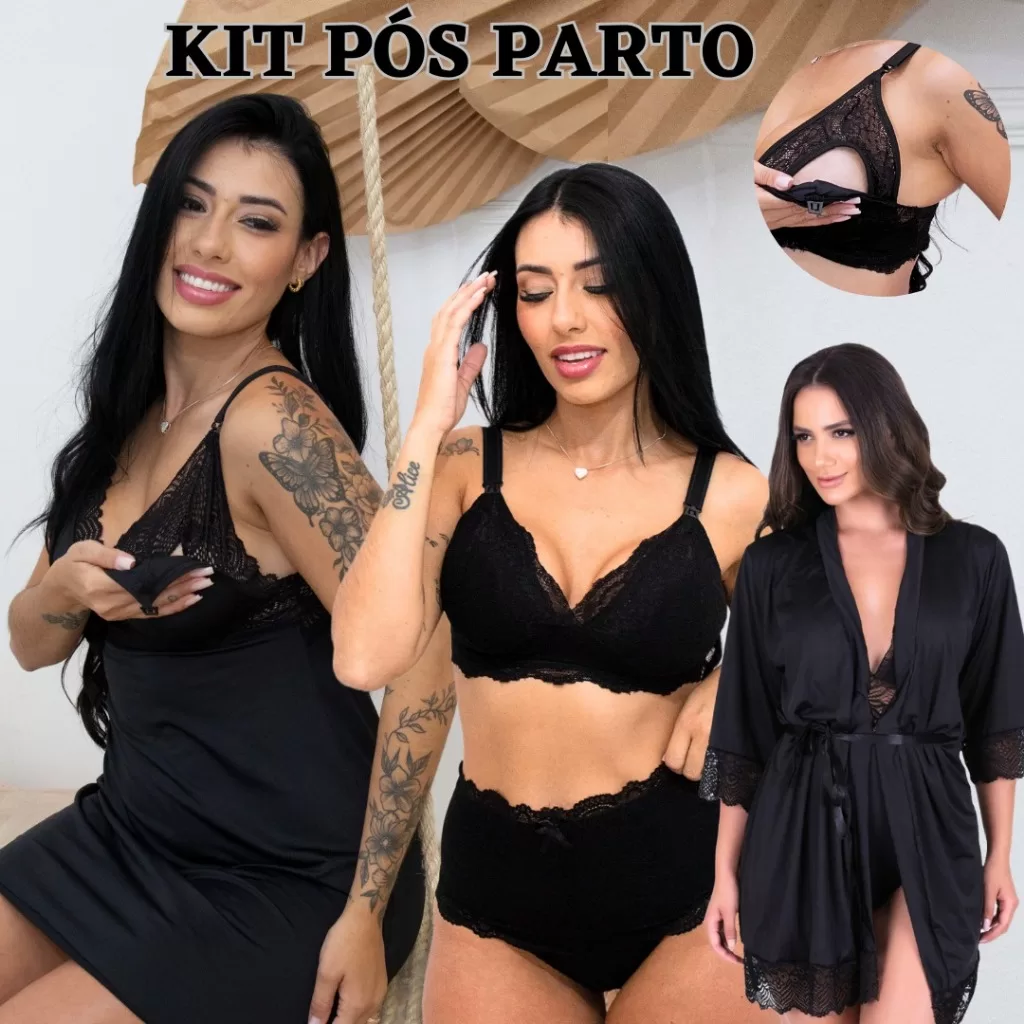 Kit Mãe Maternidade Camisola Pós Parto Hoby Feminino Delicado e Conjunto de Amamentação Reforçado
