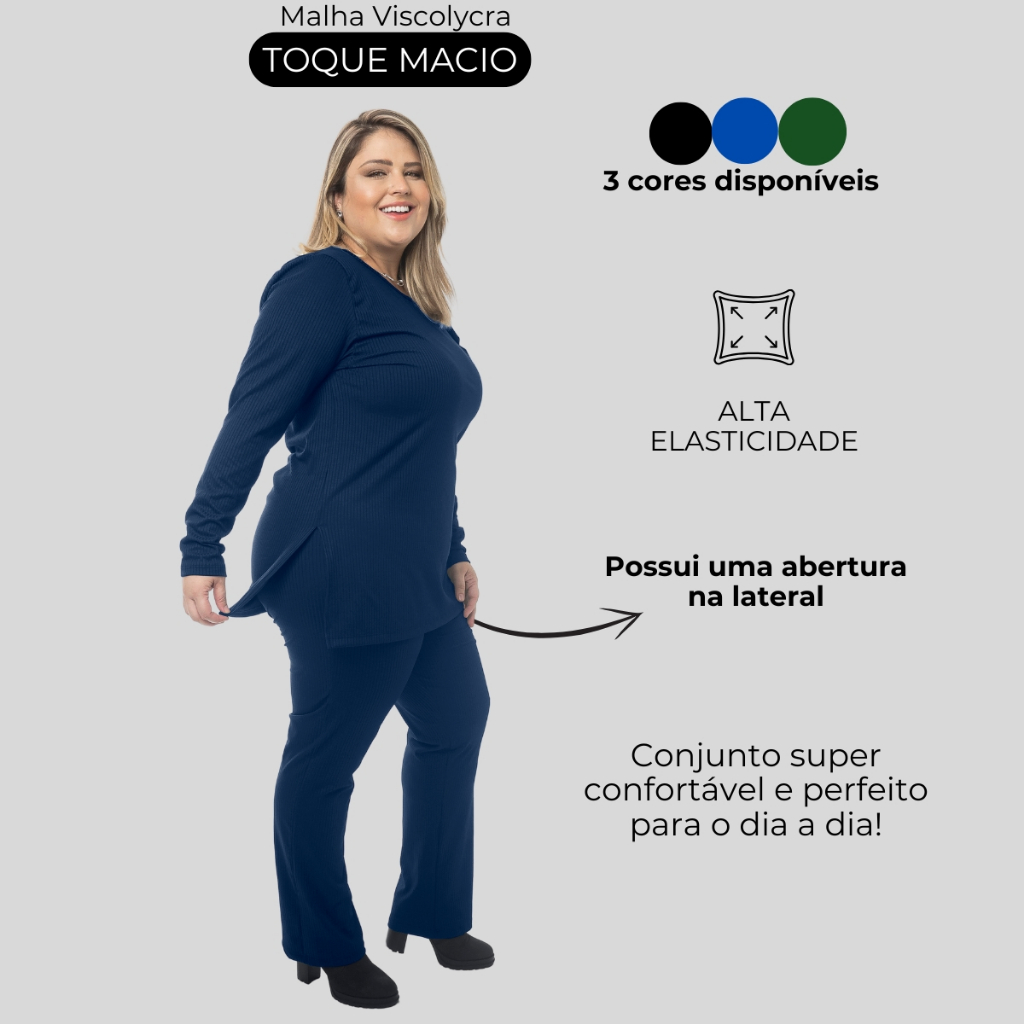Conjunto Canelado Plus Size Feminino Calça e Blusa de Manga Longa 1208-1210-C1