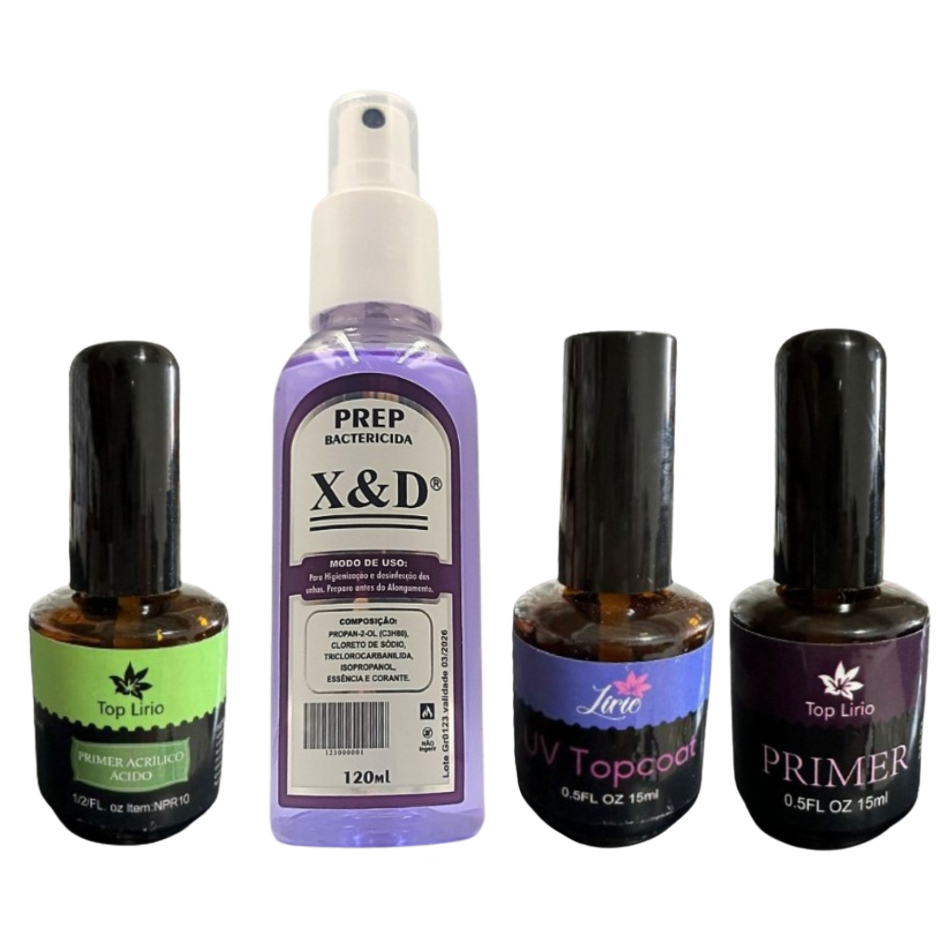 Manicure Blindagem de Unha Com Preparadores Top Coat Primer gel e Primer Acido Lirió Prep Xd 120ML L