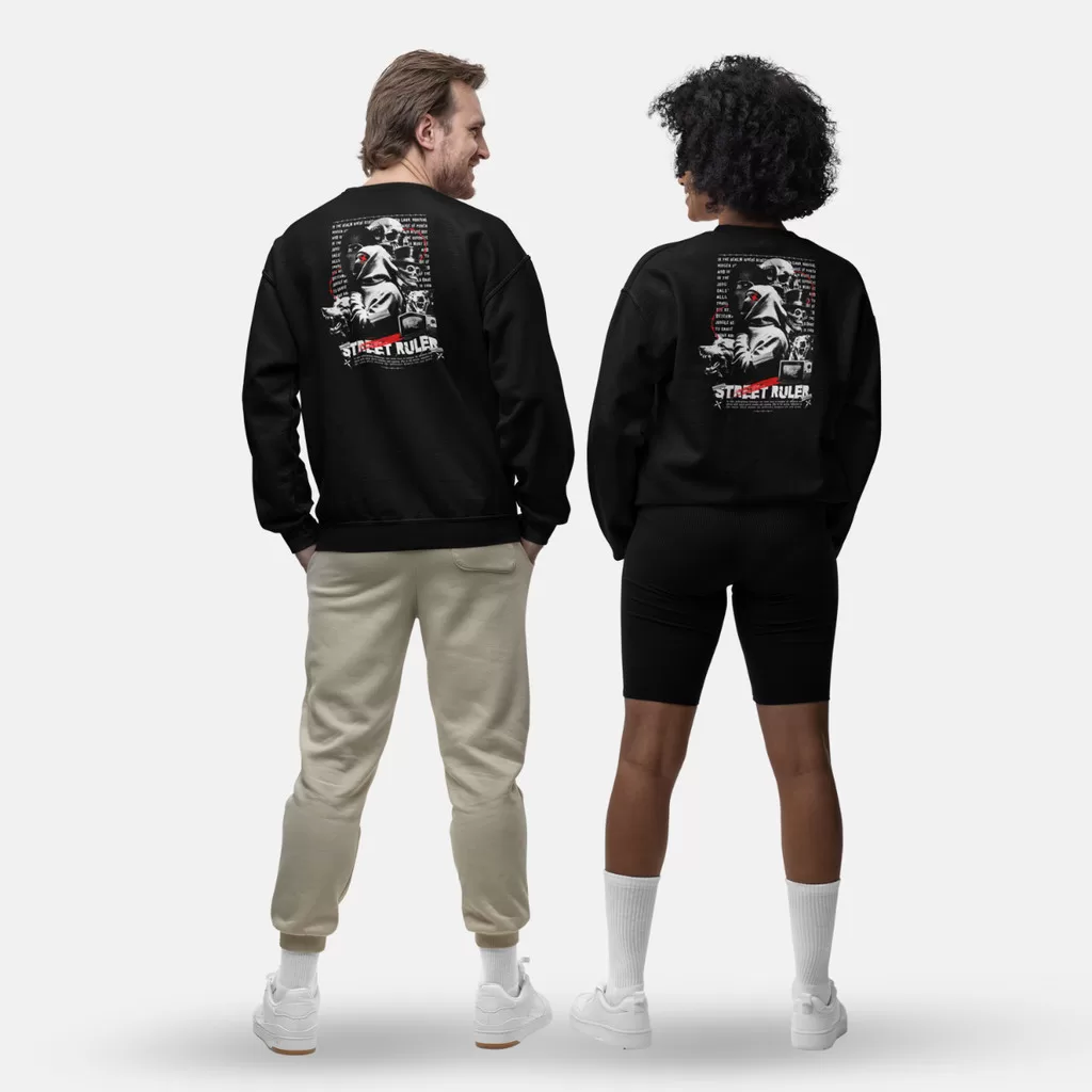 Moletom Preto Branco Estampado Unissex Masculino Feminino Gola Careca Street Ruler Algodão Flaneado