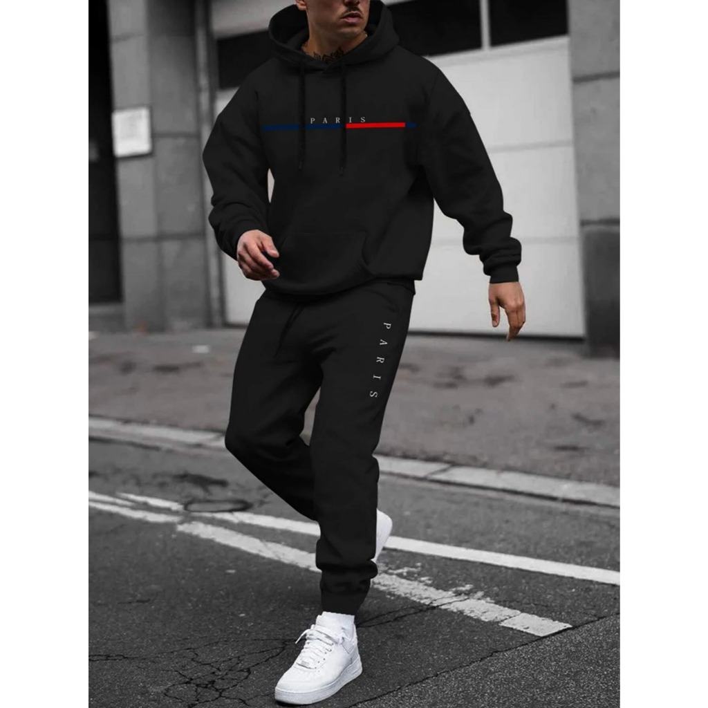 Conjunto Blusa de Frio Casaco Esporte Canguru Paris Com Bolso Capuz + Calça Paris Moletom Unissex