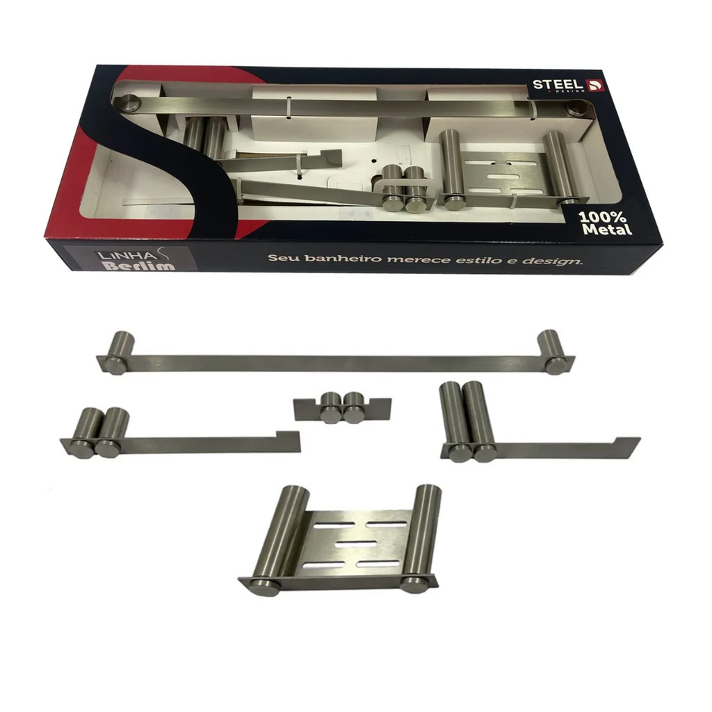 Kit Banheiro Acessórios Aço Inox Luxo Metal Berlin 5 Peças
