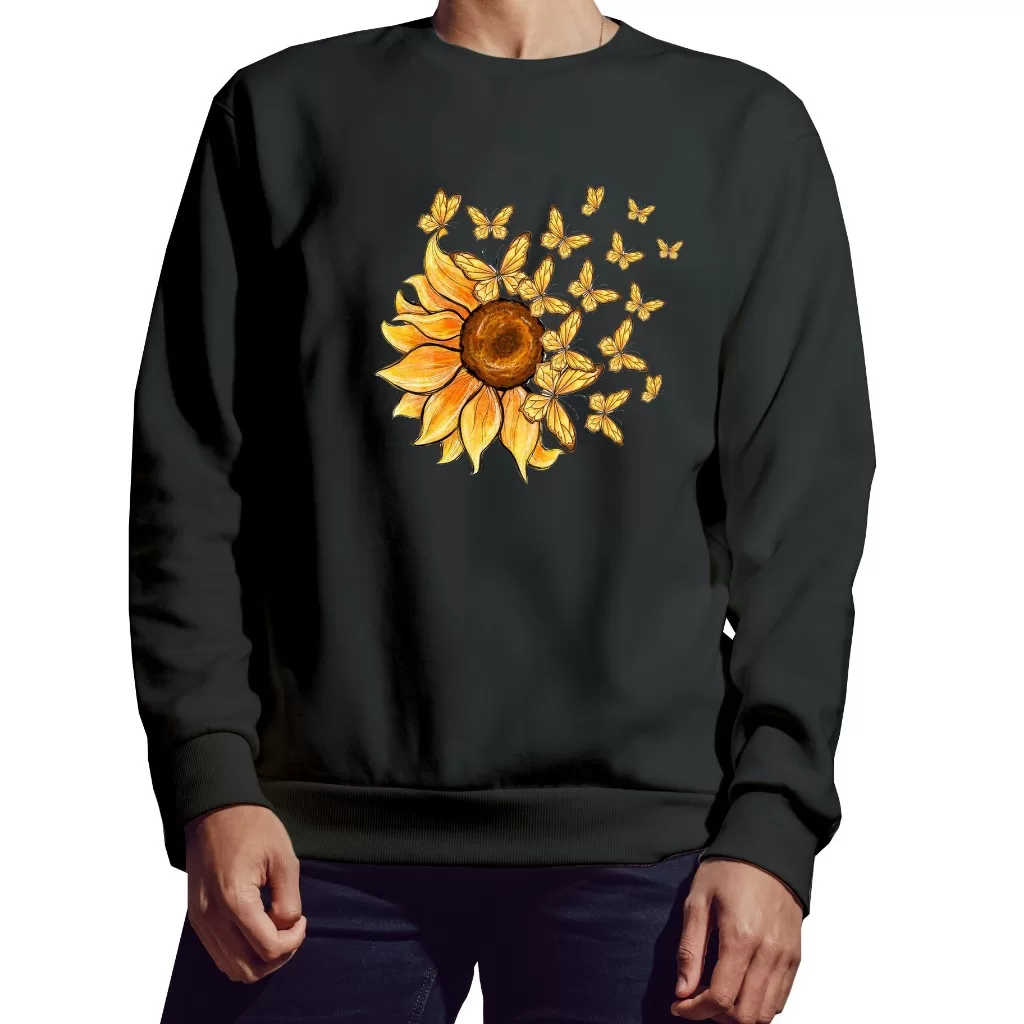 Moletom Careca Blusa De Frio Algodão Sem Capuz Flanelado Com Estampa Girassol Flores