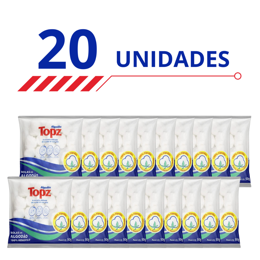 Kit 20 Algodão Topz em Bolas Hidrófilos Puros Macios e Absorventes 50g