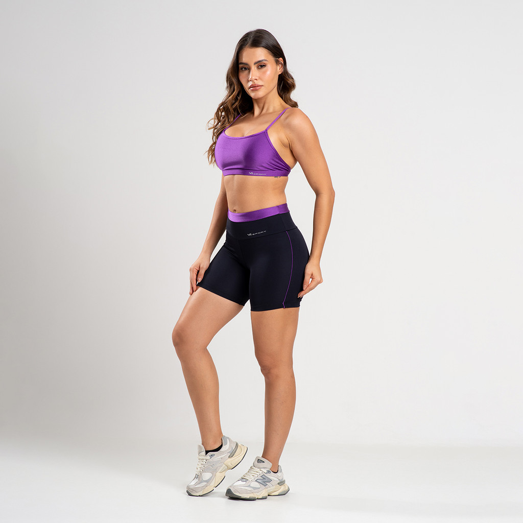 Conjunto Fitness Short com detalhe em  Vivo Roxo e Top Roxo Frente Unica